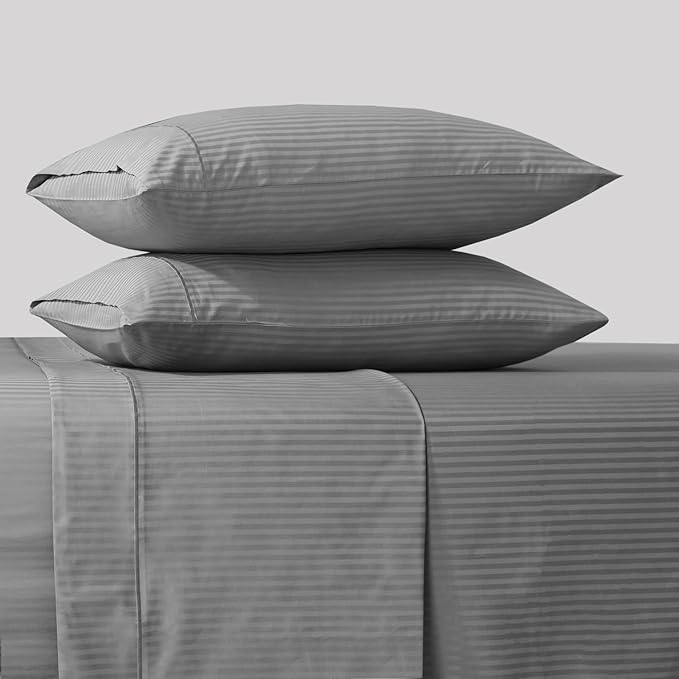 Feather & Stitch 500 TC King Size Damask Bed Sheet Set, 100% Cotton Soft Breathable Bedsheets, 4 Piece 18" Deep Pockets Sateen Weave Striped Bedding Mattress Resort Hotel Luxury- (Grey Stripe)