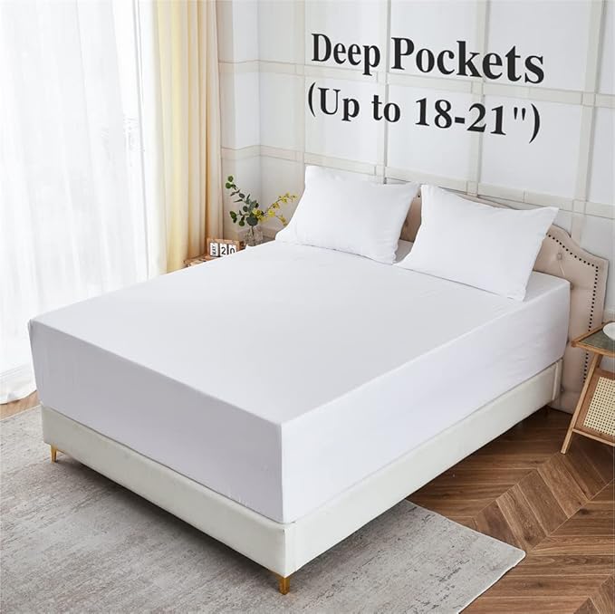 ILAVANDE Deep Pocket Queen Sheets Set 4 Piece, Hotel Luxury Super Soft 1800 Series Microfiber Queen Bed Sheets Set-Wrinkle Free & Breathable-18-21 Deep Pocket Sheets for Queen Size Bed,White