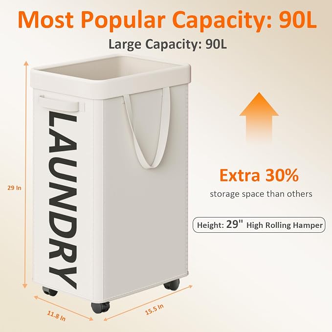 Optish Laundry Basket with Wheels, 90L Rolling Laundry Hamper with Wheels, Large Clothes Hamper on Wheel with Removable Mesh Bag for Bedroom, Bathroom, Dorm, White - Image 3