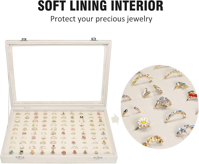 Vicoter Rings Organizer Tray 100 Slot Velvet Ring Earring Storage Box TranSparent Cover Jewelry Store Ring Display Box Jewelry Display Cabinet for Girl Wife Mother - Image 3