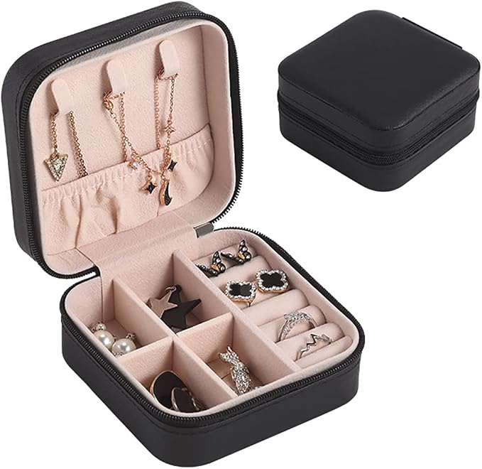 Mini Jewelry Travel Case,Small Travel Jewelry Organizer,Travel Portable Jewelry Case for Ring, Pendant, Earring, Necklace, Bracelet Organizer Storage Holder Boxes (Black) by CARURLIFF