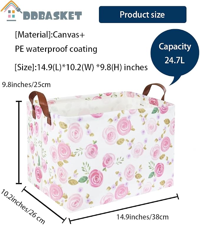Rose Pink Baby Basket Nursery Baskets Girl Baby Storage Bins Rectangular Cute Kids Toy Storage Bin Organizer Book Shelf Basket Rose Room Decor(Pink Rose) - Image 6