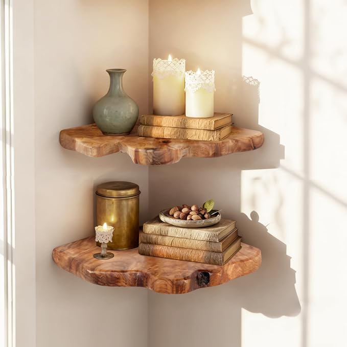 WELLAND Corner Floating Shelf Set of 2, Solid Cedar Wood 10.86 x 11.5 inches Floating Corner Shelves for Bedroom, Living Room, Bathroom, Kitchen by WELLAND