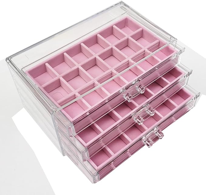 YUFONG Earring Organizer Box Acrylic Jewelry Organizer with 3 Drawers 54 Adjustable Grids Clear Stackable Earring Holder Velvet Trays Ring Display Case for Women Girls (Pink) - Image 5