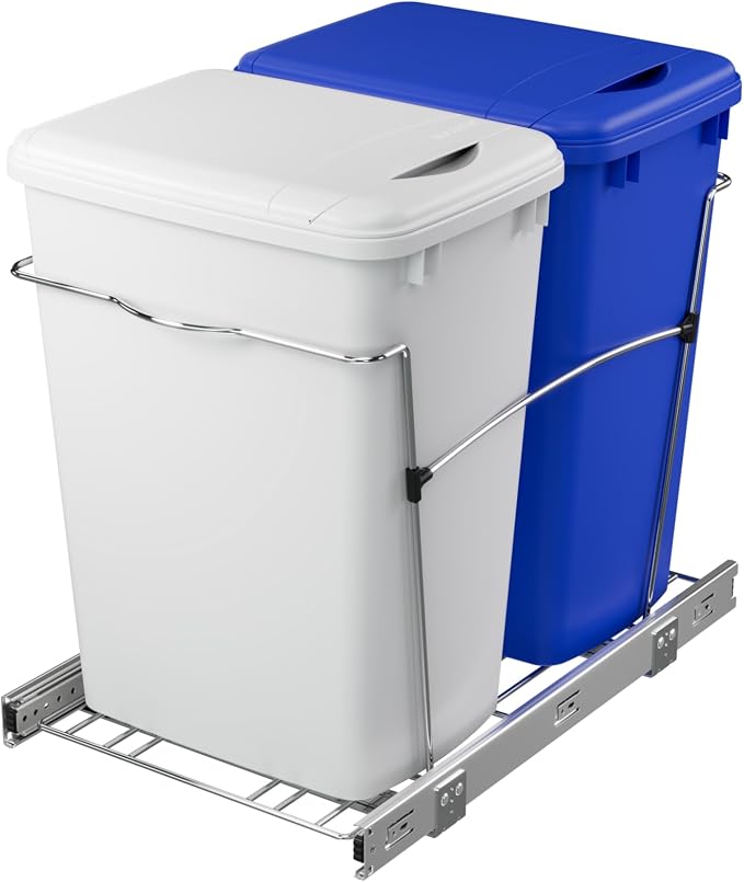 Rev-A-Shelf RV-18KD-11RC-S Double Pullout Trash Can for Kitchen Cabinets 35 Qt Garbage Recycling Bin on Full Extension Slide, Blue/White by Rev-A-Shelf