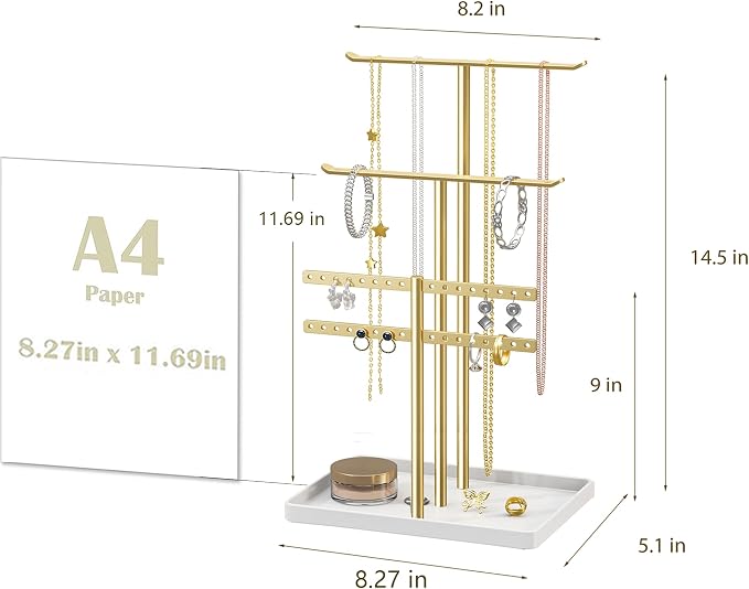 pickpiff Jewelry Stand Holder Organizer: 14.5" Sturdy Hanger for 80 Pcs Jewelry, Gift for Women, Gold Jewlery Tower for Necklace, Earring, Bracelet - Image 3