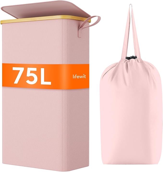 Lifewit 75L Slim Laundry Hamper with Lid, Narrow Laundry Basket with Removable Bag & Bamboo Handles, Fodable Thin Dirty Clothes Hamper for Laundry Collapsible Bin for Bathroom Bedroom Dorm, Pink by Lifewit