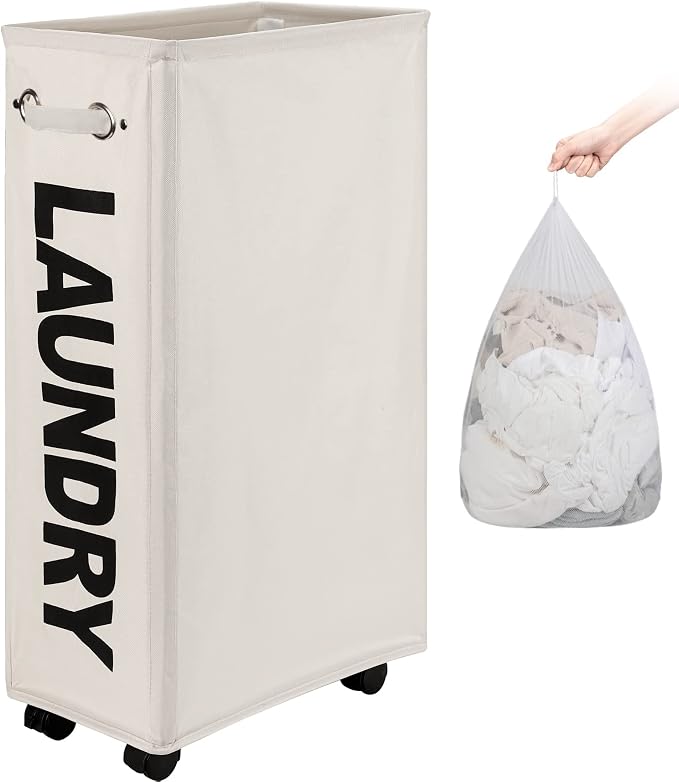 DOKEHOM 29-Inches Enlarged Slim Laundry Basket with Removable Wash Bag on Wheels, Collapsible Rolling Laundry Hamper, Foldable Narrow Corner Clothes Storage Bins (Beige) by DOKEHOM