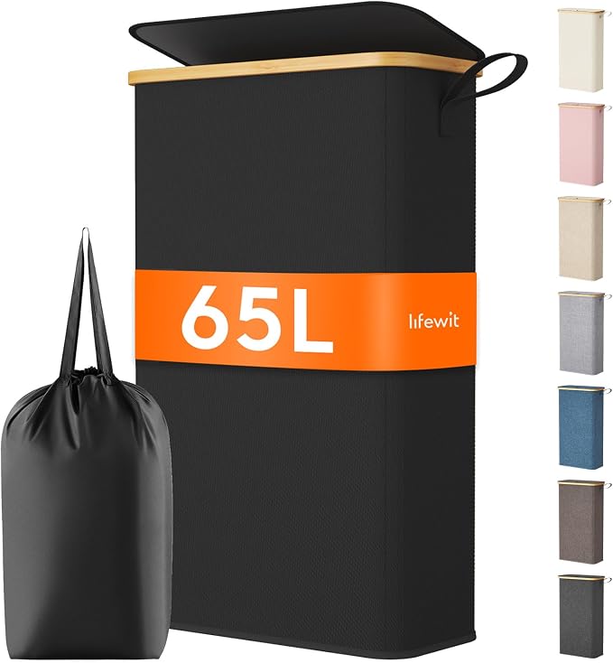 Lifewit 65L Slim Laundry Hamper with Lid, Narrow Laundry Basket with Removable Bag & Bamboo Handles, Fodable Thin Dirty Clothes Hamper for Laundry Collapsible Bin for Bathroom Bedroom Dorm, Black by Lifewit