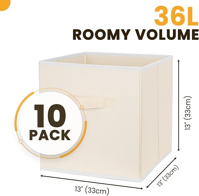 Criusia Large Storage Cubes, 13 Inch Cube Storage Bins for Shelves Closet Nursery Bedroom - 10 Pack Collapsible Storage Baskets with Handles - Fabric Bins for Organizing Clothes Blanket Toys (Beige) - Image 2