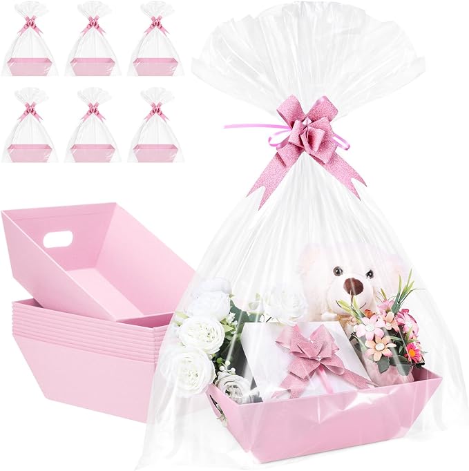 AFOROEOA 10PACK Pink Baskets For Gifts Empty, 10x12” Thick Gift Basket with 10 Bows 10 Bags Empty Gift Baskets for Christmas, Valentine’s Day, Easter, Birthdays, Valentine’s Day Wrapping Gift by AFOROEOA