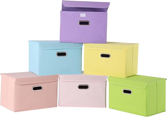 STOREONE Fabric Storage Cube Bins Foldable Organizer Container Collapsible Basket with Lids and Metal Handles, for Home, Bedroom, Closet 6 Pcs (multicolour) by STOREONE