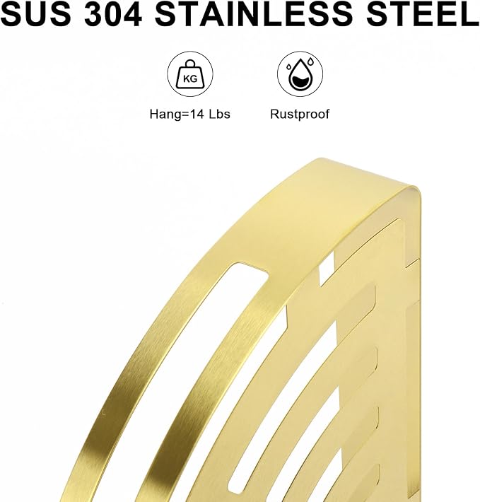 NearMoon Bathroom Corner Shelf Shower Caddy 2 Pack, No Drill 304 Stainless Steel Shower Organizer with 2 Hooks (Gold) - Image 5