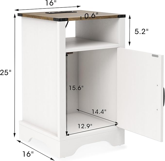 RoyalCraft 25" Tall Nightstands Set of 2, Farmhouse Nightstand with Charging Station, Large End Table with Storage, White Wood Bedside Table for Bedroom, White and Rustic Oak