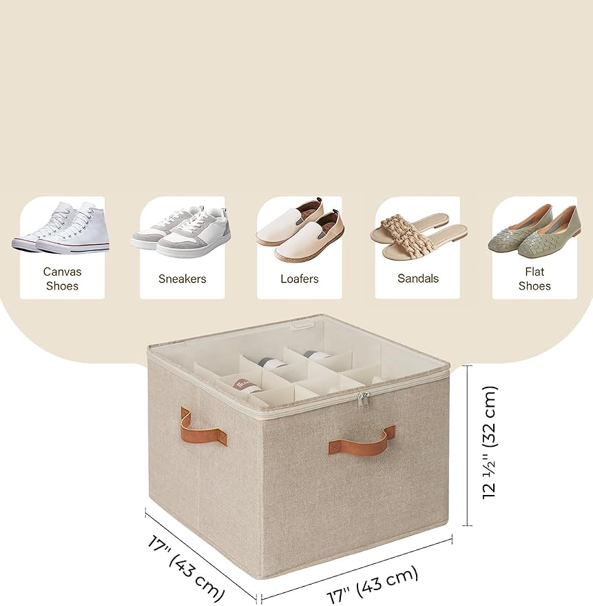 StorageWorks Shoe Organizer for Closet, Fits up to 16 Pairs, Shoe Cubby Storage Containers with Adjustable Dividers and Clear Cover, Taupe | Fits up to 16 Pairs, Clear Cover - Image 2
