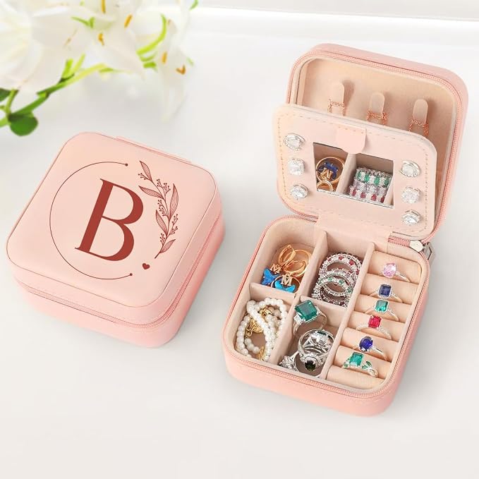 SANDJEST Personalized Jewelry Box, Pink Small Travel Jewelry Box with Initial B, Monogrammed Jewelry Case Organizer for Girls Women Teen, Mini Travel Essentials Gifts for Christmas Birthday - Image 5