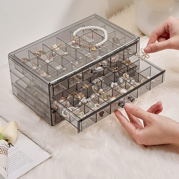 YUFONG Earring Storage Box Organizer 3 Drawers Acrylic Jewelry Storage Box Holder Transparent Jewelry Display Stand with 72 Small Compartments Gift for Women Girls (Clear Black) - Image 3