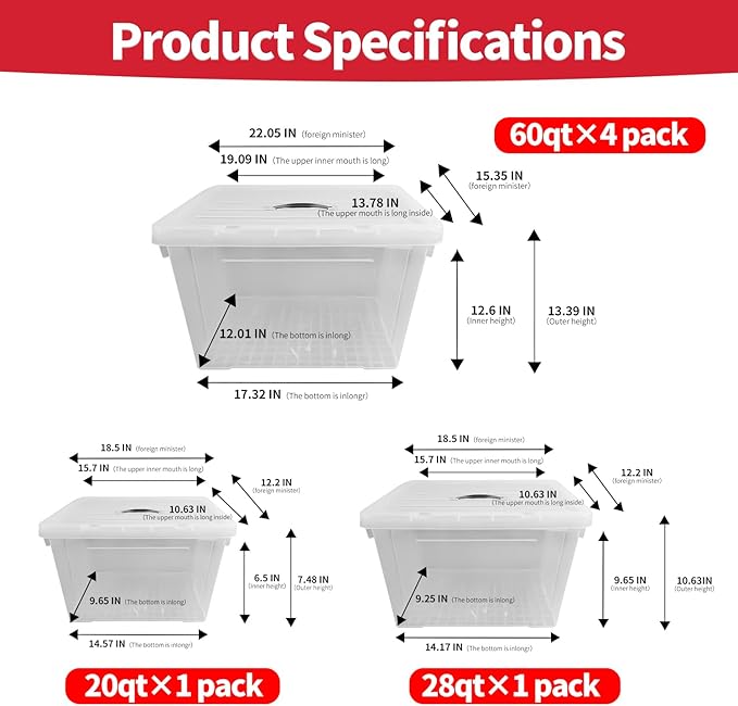 Clear Storage Bins with Lids, 4 Pack - 60 Quart Extra Large Storage Totes Boxs - Heavy Duty BPA-Free Organizing Containers Storage Boxes 4pack 60and one 28 qt & 20 qt for Home Closet