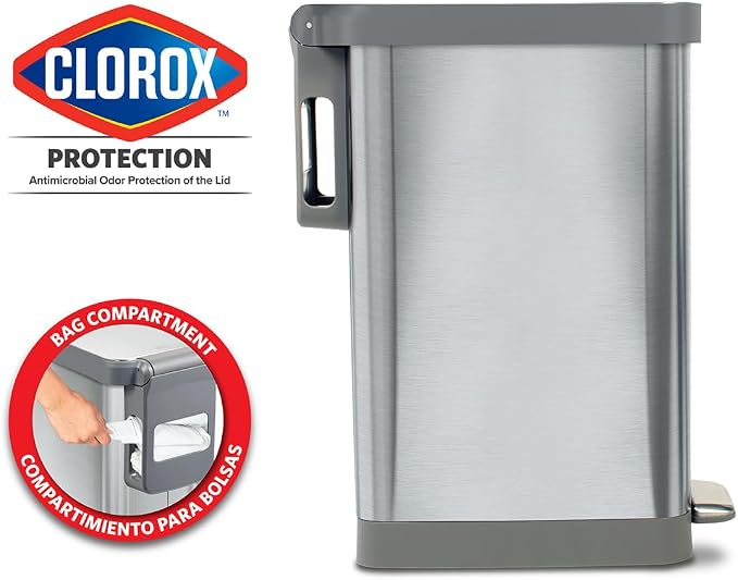 Glad Slim Trash Can with Clorox Odor Protection - Narrow Kitchen Garbage Bin with Soft Close Lid, Step On Foot Pedal and Waste Bag Roll Holder, All Stainless, 12 Gallon/45 Liter - Image 2