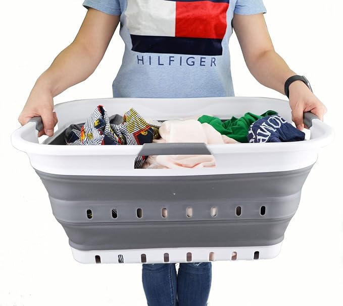 SAMMART 42L (11 gallon) Collapsible Plastic Laundry Basket - Foldable Pop Up Storage Container/Organizer - Space Saving Hamper/Basket (1, White/Dark Grey) - Image 7