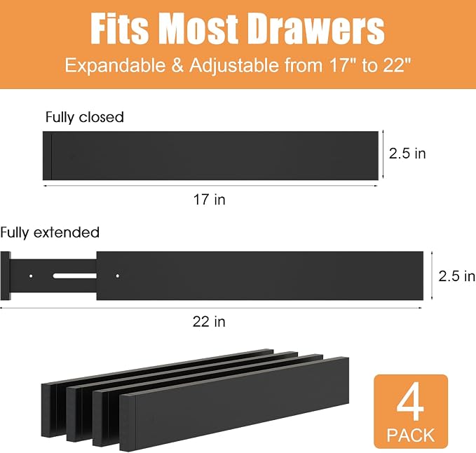 Bamboo Drawer Dividers,17-22" Adjustable Kitchen Drawer Organizer for Clothes,4 Pack Expandable Drawer Organization Separators for Bedroom,Bathroom,Dresser and Office,Black - Image 3