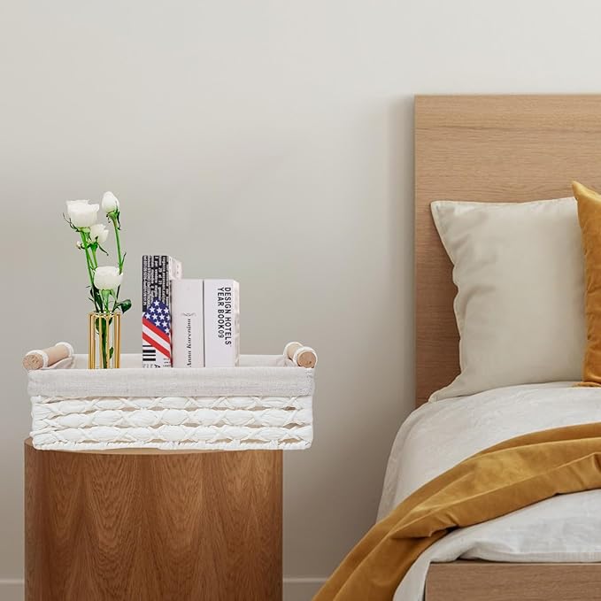 Storage Basket Wicker Baskets for Organizing with Handle Decorative Storage Bins for Countertop Toilet Paper Storage Basket for Toilet Tank Top Small Baskets Set (Set of 2,White) - Image 4