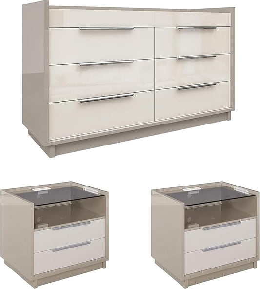 AMERLIFE High Gloss Dresser Set, 3 Piece Bedroom Furniture Set, 8 Drawer Dresser with LED Light & 2 Nightstands with Charging Station, Modern UV Finish, Bedroom Storage Organizer, Cream & Grey