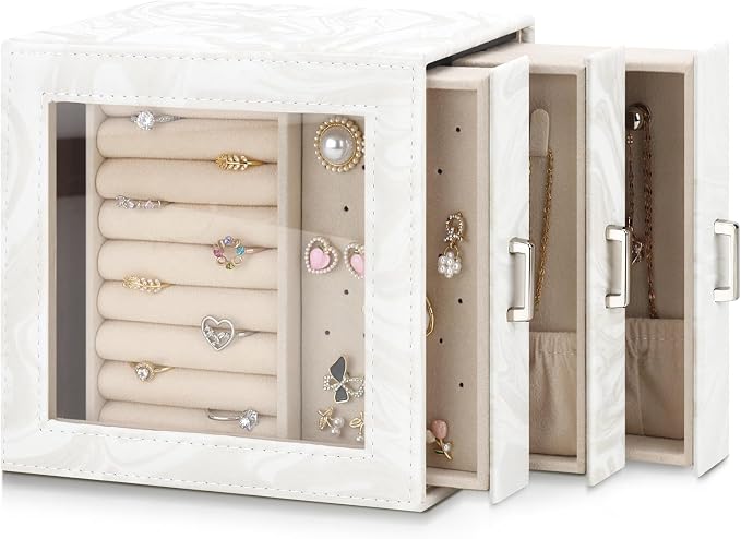 DesignSter Jewelry Box Organizer, Jewelry Box for Women, PU Jewelry Organizer Display Case with Side Drawers, Jewelry Storage for Earring Necklace Ring Bracelet Watch by DesignSter
