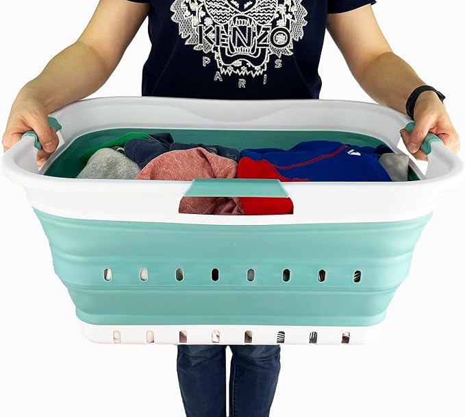 SAMMART 42L (11 gallon) Collapsible Plastic Laundry Basket - Foldable Pop Up Storage Container/Organizer - Space Saving Hamper/Basket (1, White/Celadon Green) - Image 7