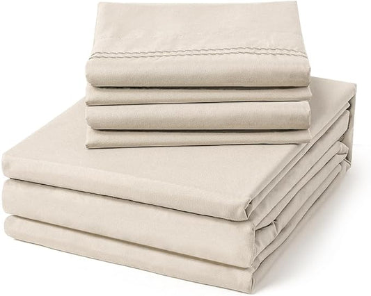 ClevaHome Queen Size Sheet Set - 6 Piece Soft Breathable Luxury Bed Sheet Set - Shrinkage & Fade Resistant Embroidered Bedding Sheet with Deep Pocket, 2 Extra Pillowcases (Queen, Oat Milk) (Pack of 2)