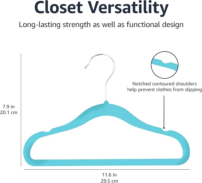 Amazon Basics Kids Space Saving Velvet Non-Slip Clothes Hangers with Shoulder Notches for Infant and Toddler, 11.6", Blue, 50-Pack - Image 5