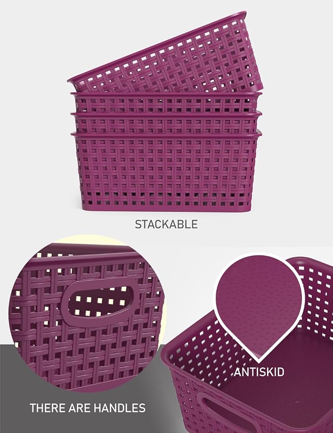 WYT 6-Pack Plastic Small Shelf Storage Weave Baskets Organizing for Cabinets and Pantries, Deep Purple - Image 3