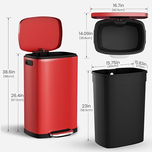 ELPHECO LPHECO Kitchen Trash Can with Lid Soft Close, 13 Gallon / 50L Stainless Steel Pedal Garbage Can, Heavy-Duty Step Wastebasket with 20 Bags, Removable Bucket, Home Office, Kitchen, Scarlet Red - Image 7