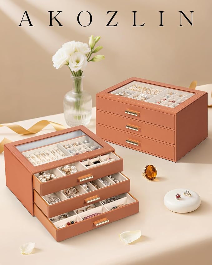 AKOZLIN Jewelry Box with Clear Lid Functional Leather Jewelry Storage Organizer Case 3 Drawers for Women Girls Necklace Ring Bracelet Earring - Image 6