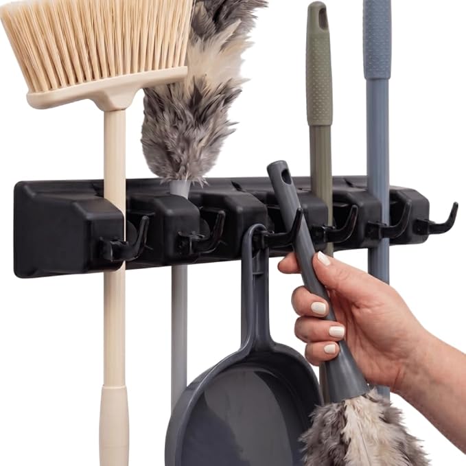 Berry Ave 5 Racks 6 Hooks Mop and Broom Holder Wall Mount, Broom Organizer Storage Tool Rack, Heavy Duty Wall Mount for Brooms and Mops, Utility Closet Garage Kitchen Laundry Organizer by BerryAve