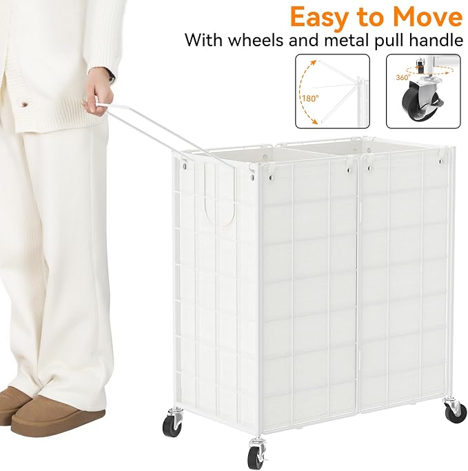 WOWLIVE Double Laundry Hamper with Wheels,Metal Wire Frame Rolling Laundry Basket with 2 Removable bags,120L Dirty Clothes Hamper Organizer Dorm Room Storage for Bedroom,Bathroom,White - Image 5