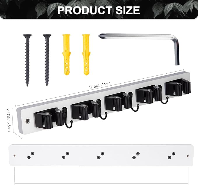 FunCee Broom Holder Wall Mount With 5 Slots & 4 Hooks，Rustic Wood Broom & Mop Hanger，Wall Mounted Garden & Garage Tool Storage Organizer Rack for Closet Laundry Room or Kitchen Wall Decor White - Image 5