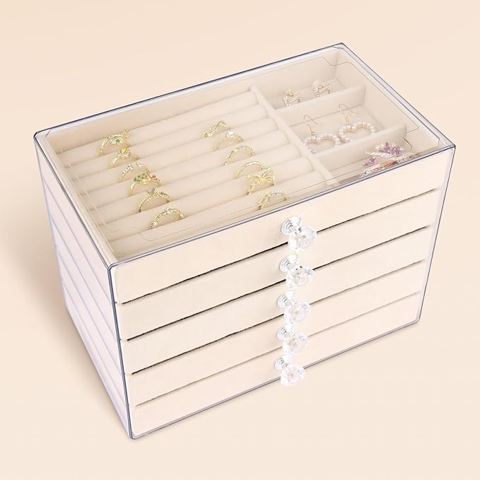 Hyber&Cara Luxury Acrylic Jewelry Box Organizer - 5 Drawers Velvet Lined Clear Stackable Storage for Earrings Necklaces Rings Bracelets Elegant Beige Dresser Top Vanity Display - Image 3