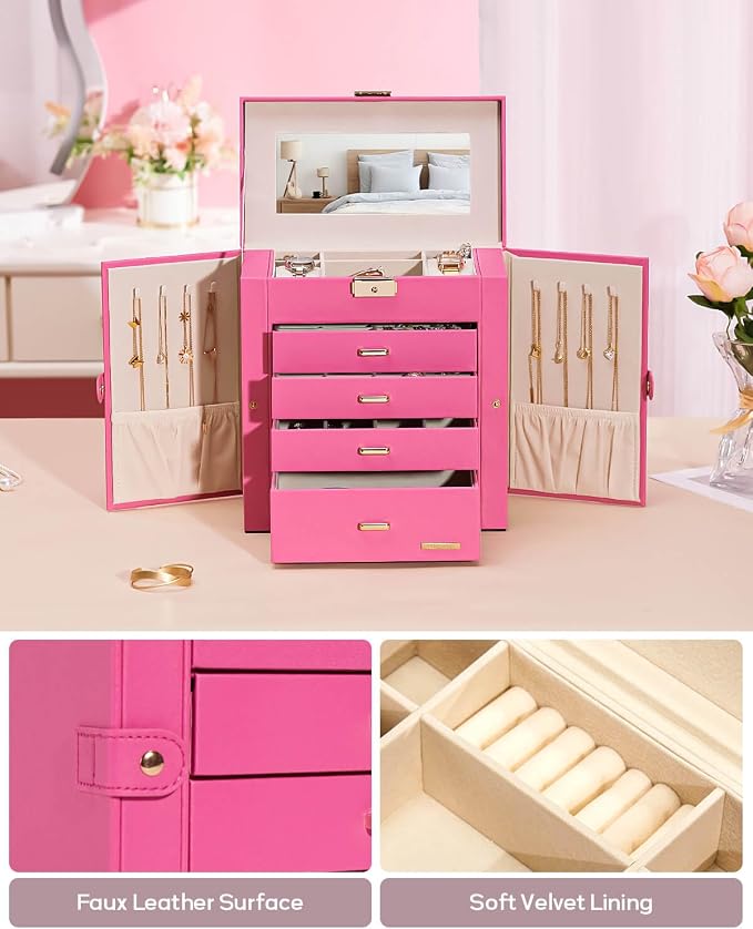 Homde Synthetic Leather Huge Jewelry Box Mirrored Watch Organizer Necklace Ring Earring Storage Lockable Gift Case (Pink + Gold) - Image 6