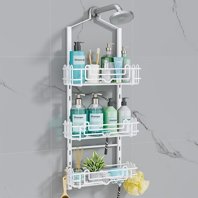 Consumest Shower Caddy Hanging – Rustproof Over Shower Head Hanger with Soap Holder and Hooks, Anti-Slip Shower Shelves for Storage, Bathroom Organizer for Apartment, Dorm, White by Consumest