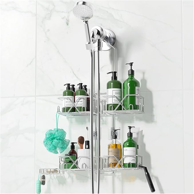 Sewulidon Stainless Steel Shower Caddy Hanging for Handheld Shower Heads,Rustproof Hose Shower Organizer Adjustable Length Shower Rack with 24 Hooks,Razor Holder,Soap Holder by Home