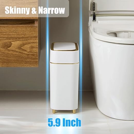 Yatmung Motion Sensor Trash Can Bathroom Automatic Touchless Lid - Sensor Garbage Can - Bathroom, Bedroom, Kitchen, Laundry Room, Small Spaces - Compact Smart Trash Bin - White with Gold Edge, 1Pack - Image 2