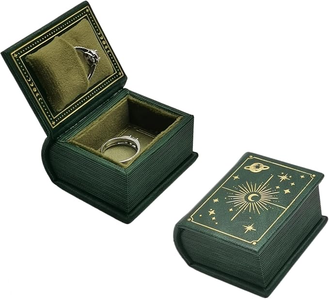 Book Shaped Ring Box - Vintage Engagement Ring Box with Hinged Lid for Proposal Engagement Wedding, Proposal Ring Case with Magnetic Closure-PRB011-Green by ToLoveToLife