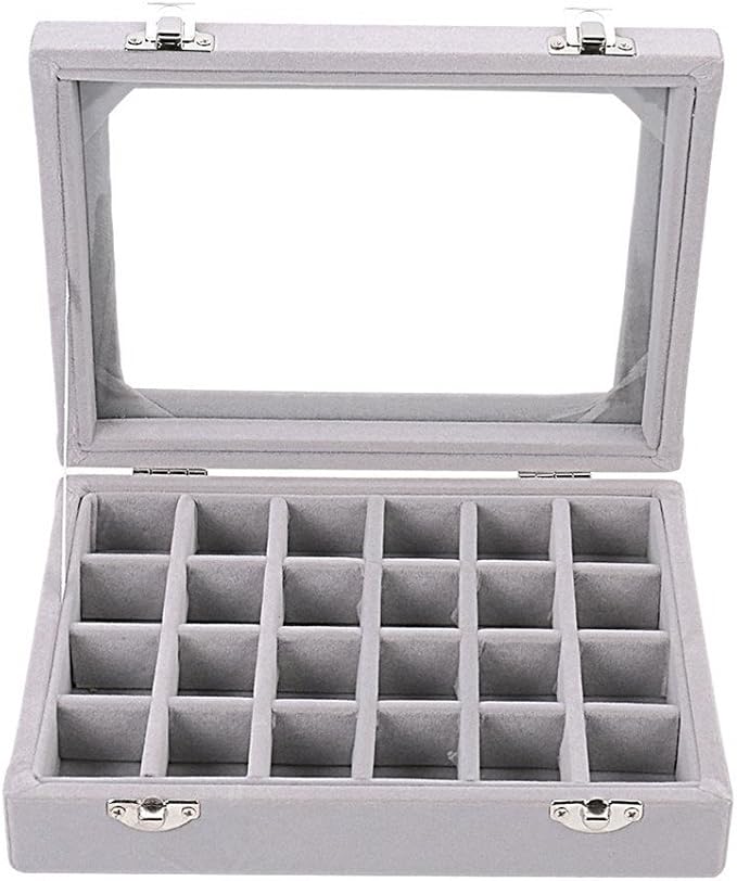 24 Grids Velvet Glass Ring Earrings Jewelry Box Earrings Organiser Storage Holder Display Case - Image 2