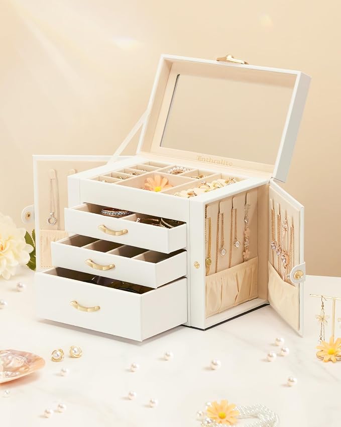 Enthralite Jewelry Box with 3 Drawers : Jewelry Display Organizer for Earrings Necklaces - Gift for Girls Women | White - Image 2