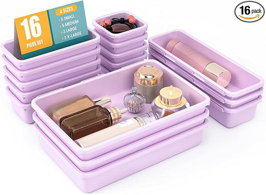 16 PCS Drawer Organizer Set, 4 Size Makeup Drawer Divider Organizer With Non-Slip Pads, Interlocking Plastic Storage Bins for Office,Jewelry Vanity,Gadgets, Bathroom,Kitchen, Purple by StoreHappily