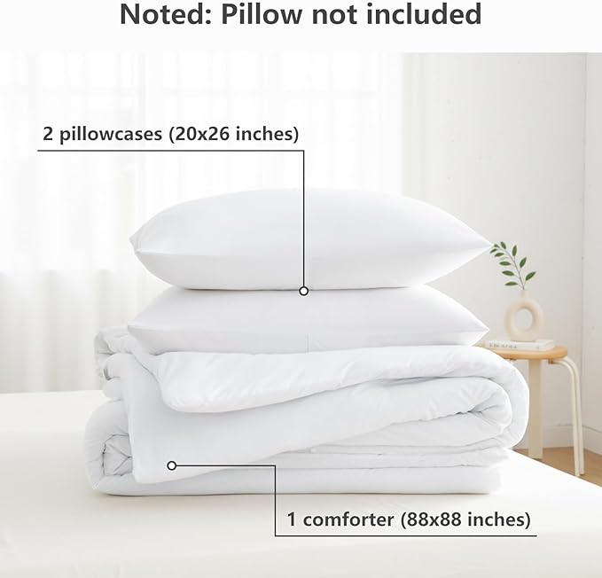 CozyLux White Queen Comforter Set, 3 Pieces Solid Breathable Quilted Boho Style Bedding Sets, Luxury Fluffy Soft Bed Set with Down Alternative Comforter for All Season (1 Comforter & 2 Pillowcases)