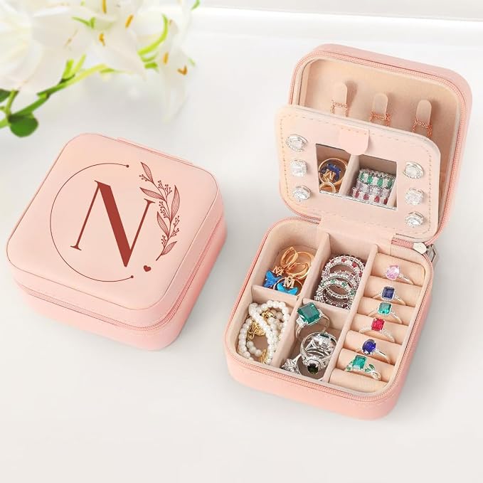 SANDJEST Personalized Jewelry Box, Pink Small Travel Jewelry Box with Initial N, Monogrammed Jewelry Case Organizer for Girls Women Teen, Mini Travel Essentials Gifts for Christmas Birthday - Image 5