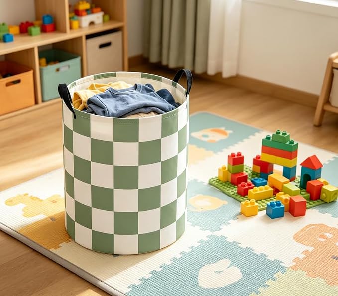 Baby Laundry Basket Baby Nursery Hamper Kids Laundry Basket Toy Storage Bin for Boys Room Decor Gift Baskets for Bedroom Bathroom(Green Checkered) - Image 4