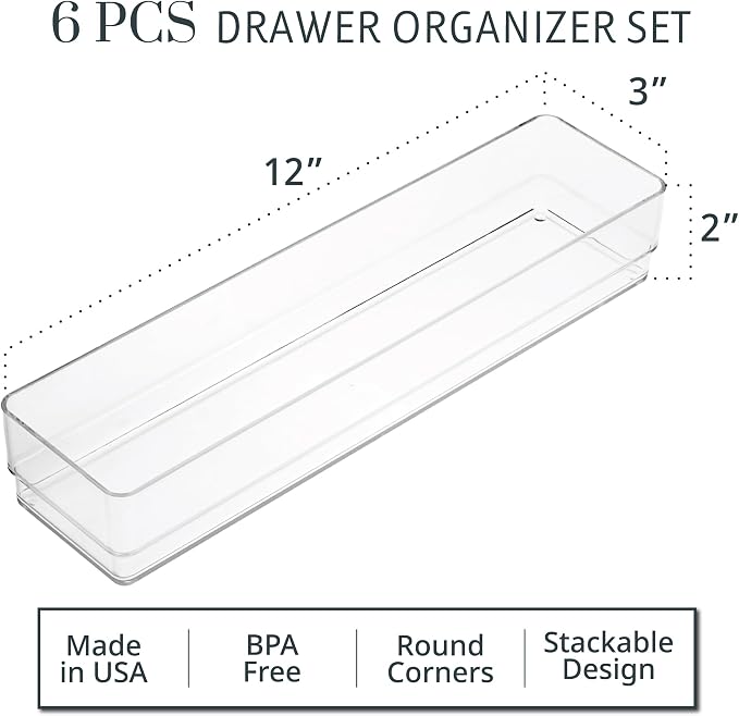 STORi SimpleSort 6-Piece Stackable Clear Drawer Organizer Set | 12" x 3" x 2" Rectangle Trays | Narrow Makeup Vanity Storage Bins and Office Desk Drawer Dividers | Made in USA - Image 2